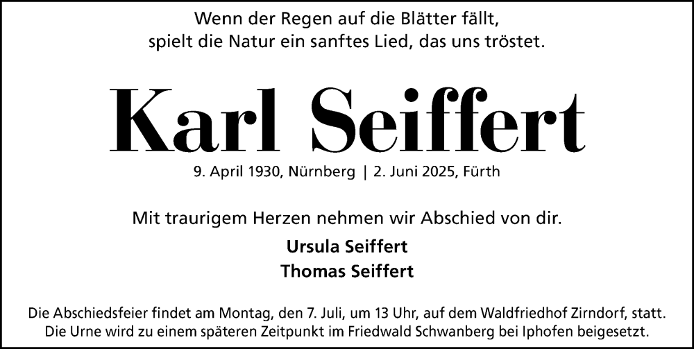 Traueranzeige für Karl Seiffert vom 28.06.2025 aus Gesamtausgabe Nürnberger Nachrichten/ Nürnberger Ztg.