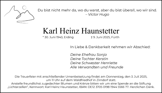Traueranzeige von Karl Heinz Haunstetter von Fürther Nachrichten Lokal