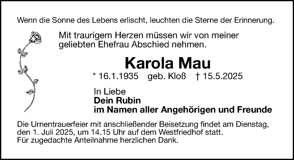  Traueranzeige für Karola Mau vom 21.06.2025 aus Gesamtausgabe Nürnberger Nachrichten/ Nürnberger Ztg.