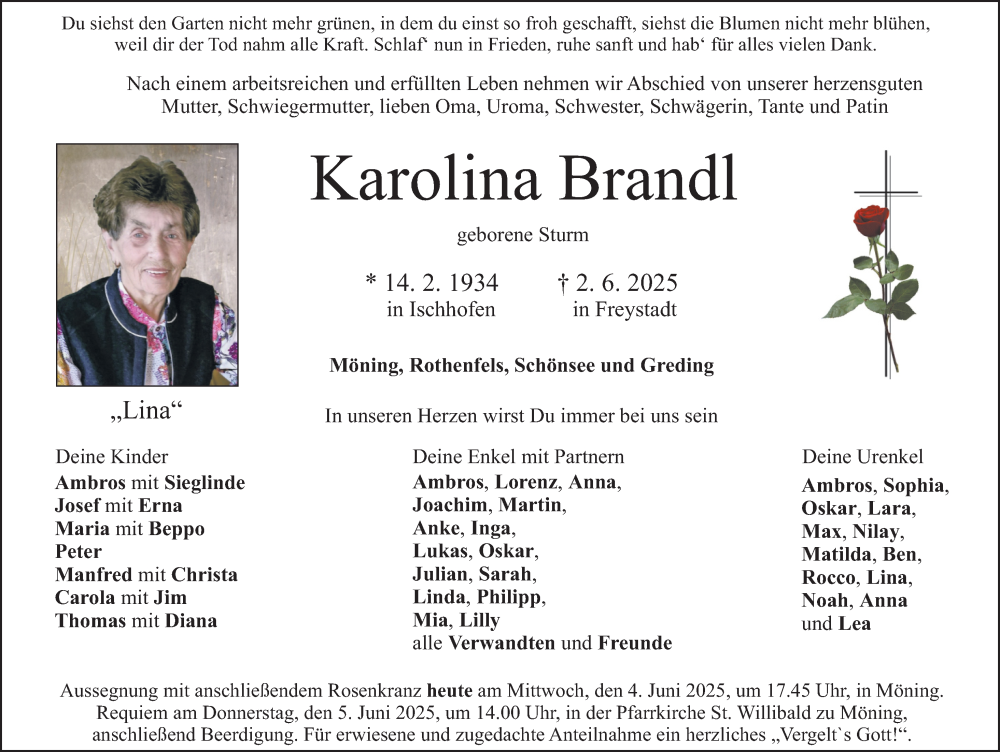  Traueranzeige für Karolina Brandl vom 04.06.2025 aus Neumarkter Nachrichten Lokal