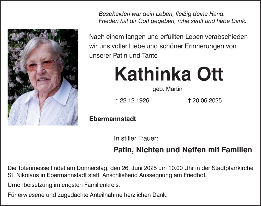  Traueranzeige für Kathinka Ott vom 24.06.2025 aus Nordbayerische Nachrichten Forchheim Lokal