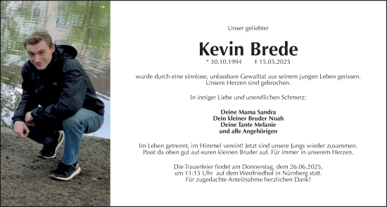 Traueranzeige von Kevin Brede von Gesamtausgabe Nürnberger Nachrichten/ Nürnberger Ztg.