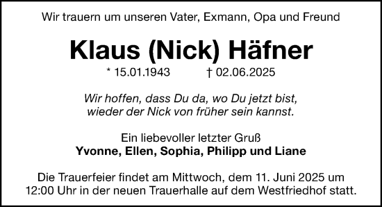 Traueranzeige von Klaus Häfner von Gesamtausgabe Nürnberger Nachrichten/ Nürnberger Ztg.
