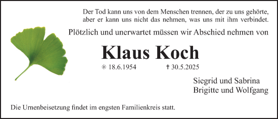 Traueranzeige von Klaus Koch von Erlanger Nachrichten Lokal