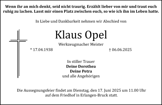 Traueranzeige von Klaus Opel von Gesamtausgabe Nürnberger Nachrichten/ Nürnberger Ztg./ Erlanger Nachrichten