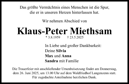 Traueranzeige von Klaus-Peter Miethsam von Fürther Nachrichten Lokal