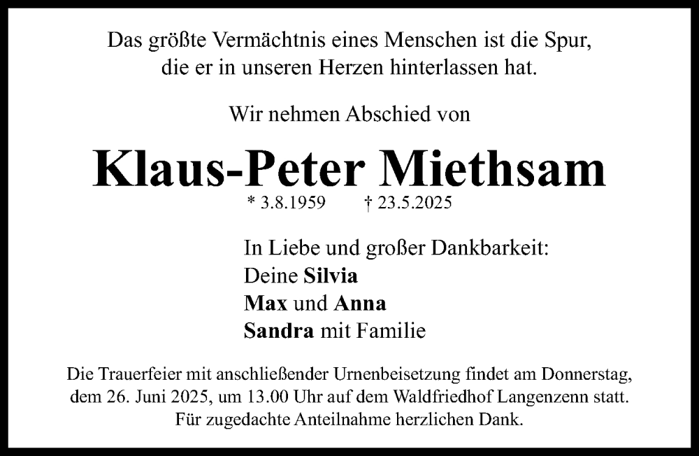  Traueranzeige für Klaus-Peter Miethsam vom 21.06.2025 aus Fürther Nachrichten Lokal