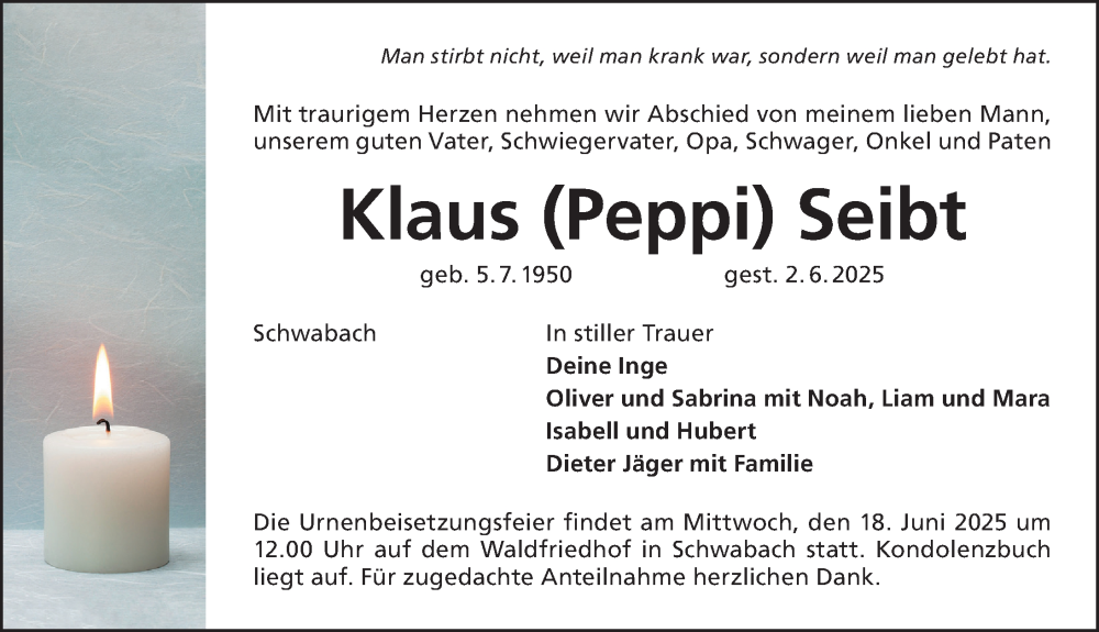  Traueranzeige für Klaus Seibt vom 14.06.2025 aus Schwabacher Tagblatt Lokal