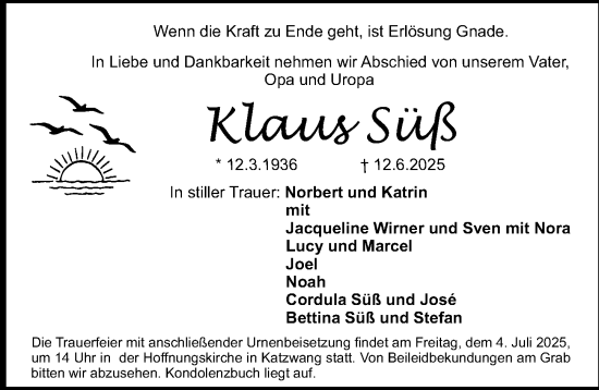Traueranzeige von Klaus Süß von Gesamtausgabe Nürnberger Nachrichten/ Nürnberger Ztg.