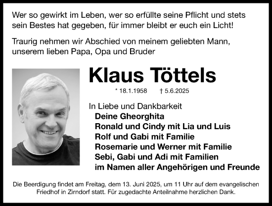 Traueranzeige von Klaus Töttels von Fürther Nachrichten Lokal