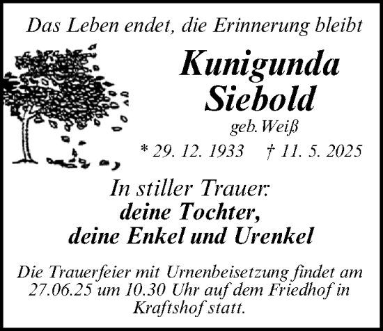 Traueranzeige von Kunigunda Siebold von Gesamtausgabe Nürnberger Nachrichten/ Nürnberger Ztg.