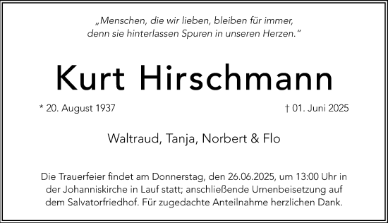 Traueranzeige von Kurt Hirschmann von Gesamtausgabe Nürnberger Nachrichten/ Nürnberger Ztg.