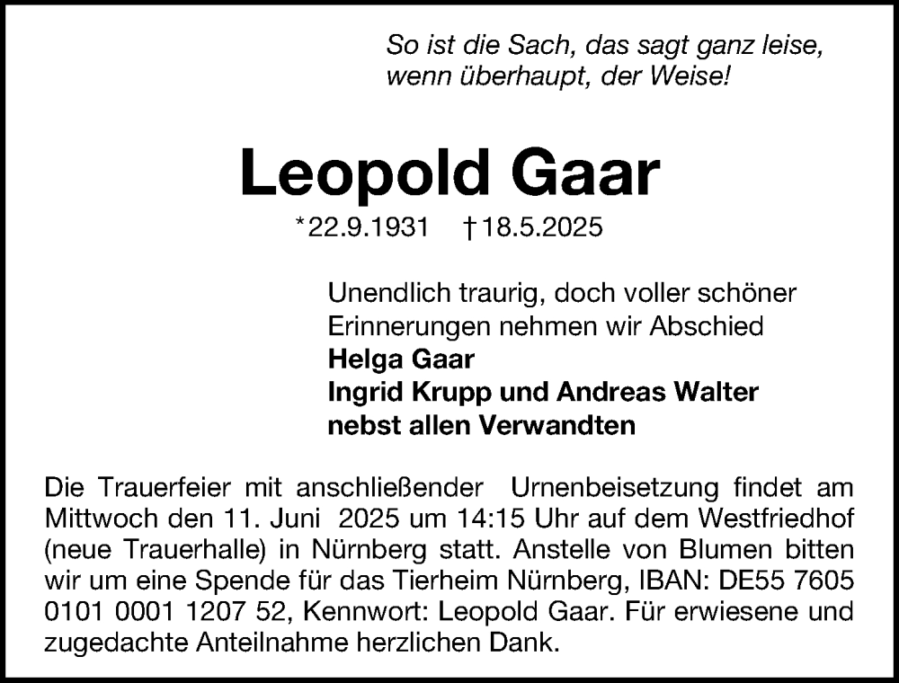  Traueranzeige für Leopold Gaar vom 07.06.2025 aus Gesamtausgabe Nürnberger Nachrichten/ Nürnberger Ztg.