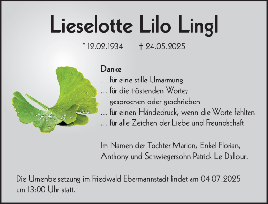 Traueranzeige von Lieselotte Lilo Lingl von Gesamtausgabe Nürnberger Nachrichten/ Nürnberger Ztg.