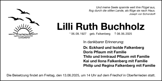 Traueranzeige von Lilli Ruth Buchholz von Gesamtausgabe Nürnberger Nachrichten/ Nürnberger Ztg.