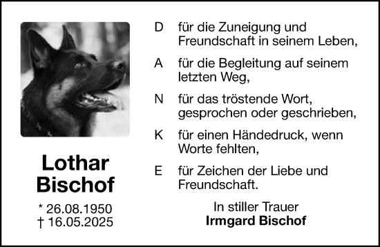 Traueranzeige von Lothar Bischof von Gesamtausgabe Nürnberger Nachrichten/ Nürnberger Ztg.
