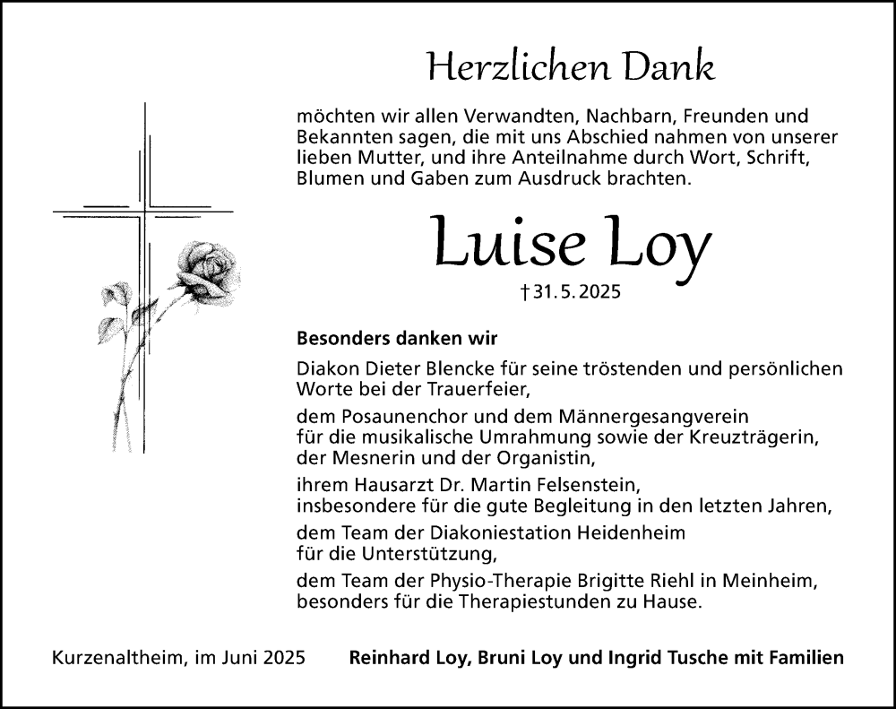  Traueranzeige für Luise Loy vom 14.06.2025 aus Altmühl-Bote Lokal