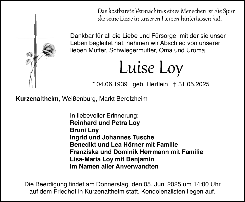  Traueranzeige für Luise Loy vom 03.06.2025 aus Altmühl-Bote Lokal