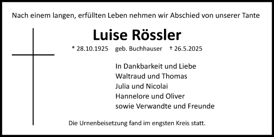 Traueranzeige von Luise Rössler von Fürther Nachrichten Lokal