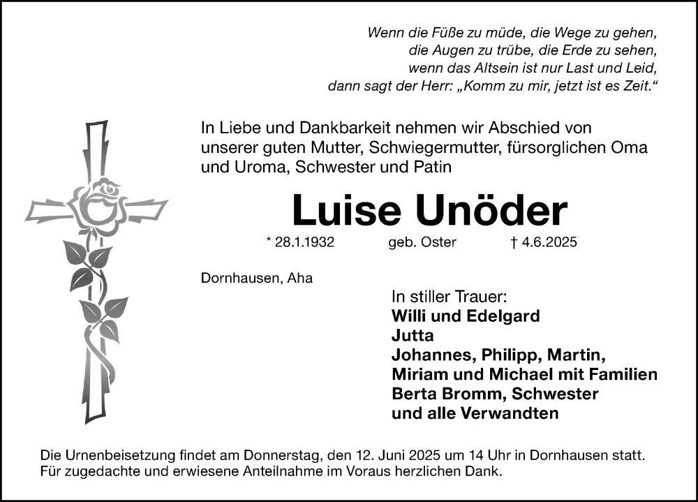  Traueranzeige für Luise Unöder vom 11.06.2025 aus Altmühl-Bote Lokal