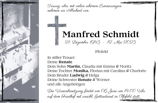 Traueranzeige von Manfred Schmidt von Altmühl-Bote Lokal
