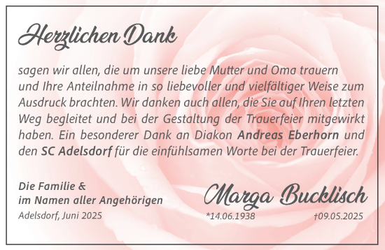 Traueranzeige von Marga Bucklisch von Erlanger Nachrichten Lokal