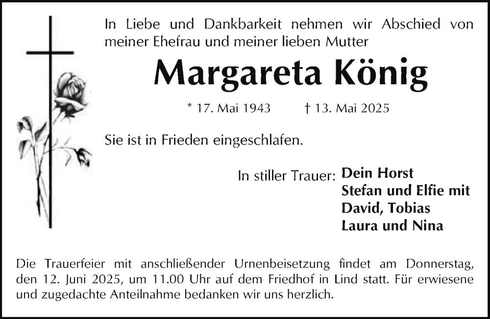  Traueranzeige für Margareta König vom 07.06.2025 aus Fürther Nachrichten Lokal
