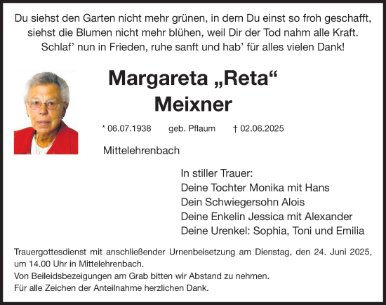 Traueranzeige von Margareta Meixner von Nordbayerische Nachrichten Forchheim Lokal