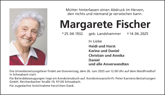 Traueranzeige von Margarete Fischer von Schwabacher Tagblatt Lokal