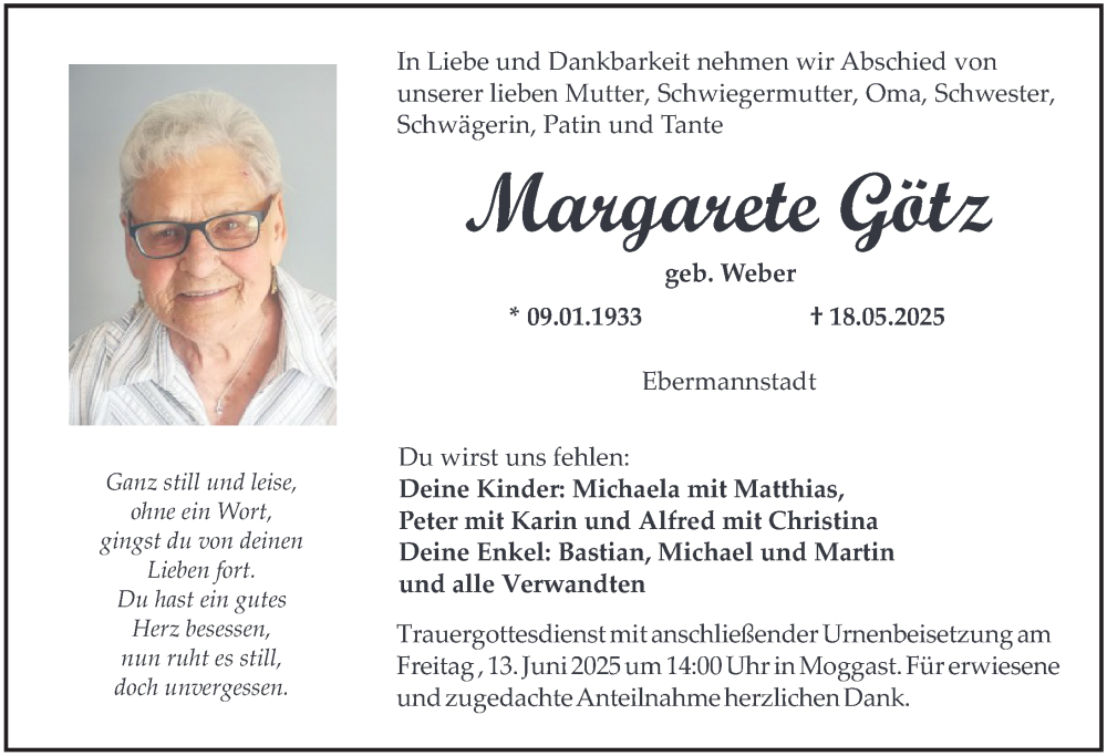 Traueranzeige für Margarete Götz vom 07.06.2025 aus Nordbayerische Nachrichten Forchheim Lokal