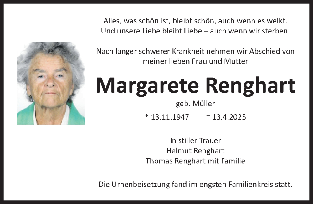  Traueranzeige für Margarete Renghart vom 06.06.2025 aus Erlanger Nachrichten Lokal