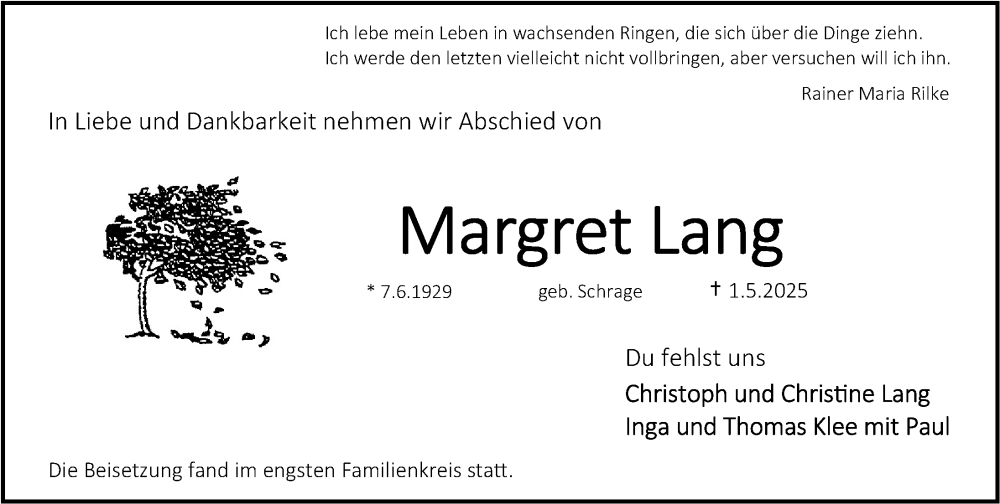  Traueranzeige für Margret Lang vom 28.06.2025 aus Erlanger Nachrichten Lokal