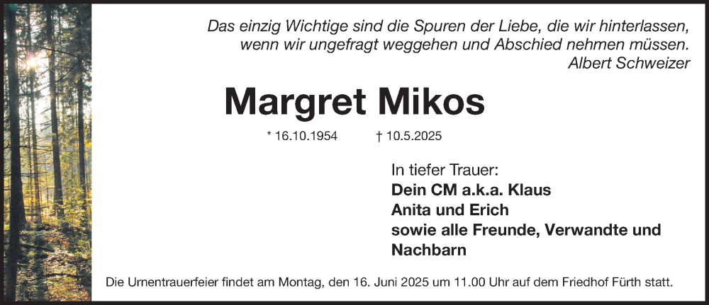  Traueranzeige für Margret Mikos vom 14.06.2025 aus Fürther Nachrichten Lokal