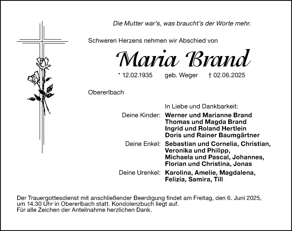  Traueranzeige für Maria Brand vom 05.06.2025 aus Altmühl-Bote Lokal