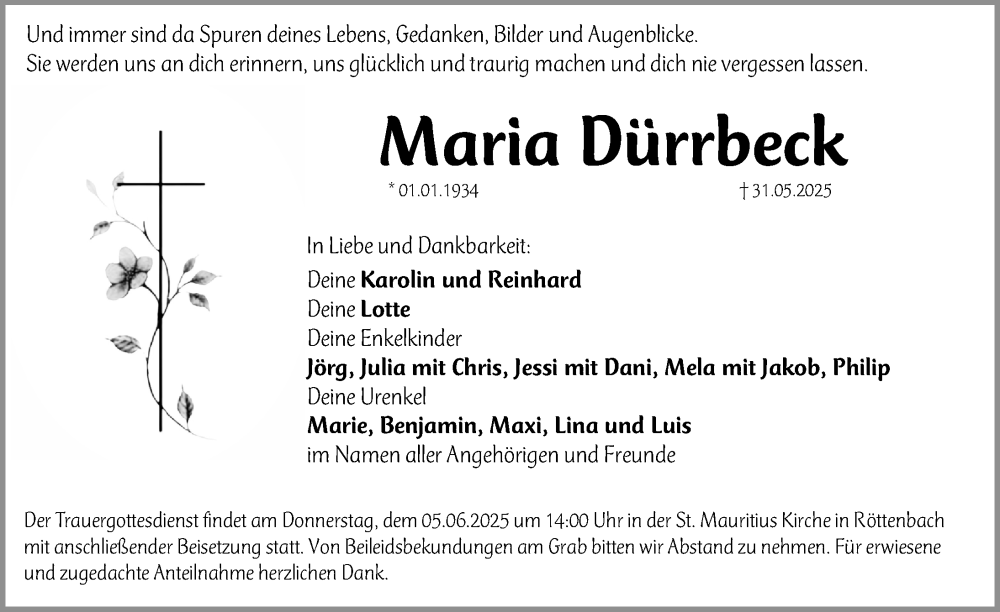  Traueranzeige für Maria Dürrbeck vom 03.06.2025 aus Erlanger Nachrichten Lokal