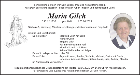 Traueranzeige von Maria Gilch von Roth-Hilpoltsteiner Volkszeitung Lokal