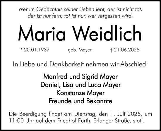 Traueranzeige von Maria Weidlich von Nordbayerische Nachrichten Forchheim Lokal