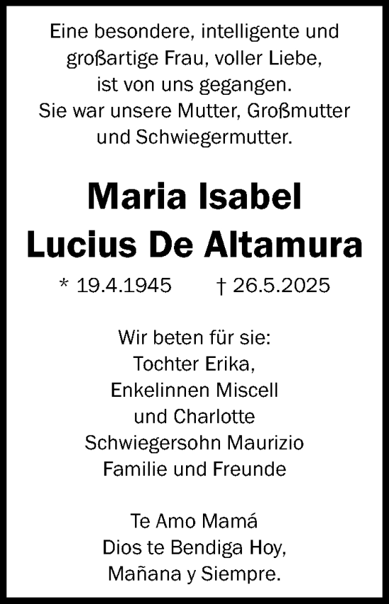 Traueranzeige von Maria Isabel Lucius De Altamura von Fürther Nachrichten Lokal