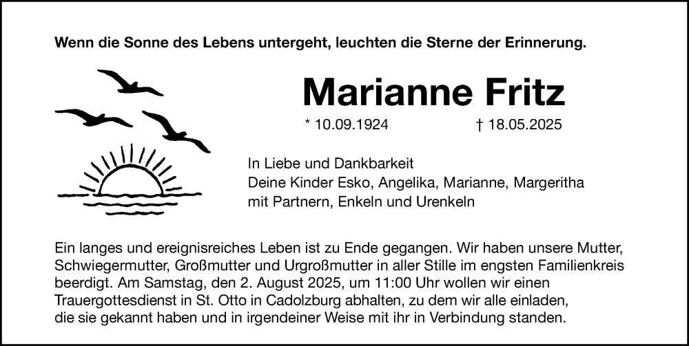  Traueranzeige für Marianne Fritz vom 21.06.2025 aus Gesamtausgabe Nürnberger Nachrichten/ Nürnberger Ztg./ Fürther Nachrichten