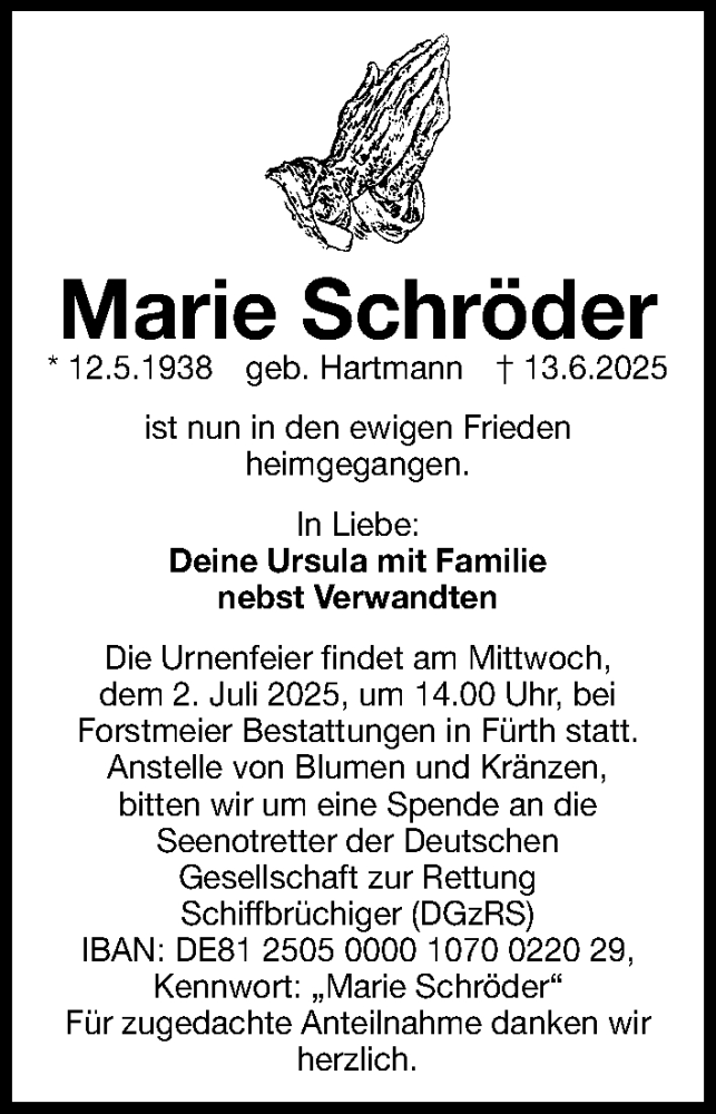  Traueranzeige für Marie Schröder vom 21.06.2025 aus Fürther Nachrichten Lokal