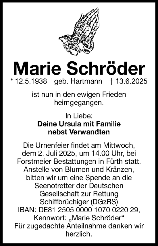 Traueranzeige von Marie Schröder von Fürther Nachrichten Lokal