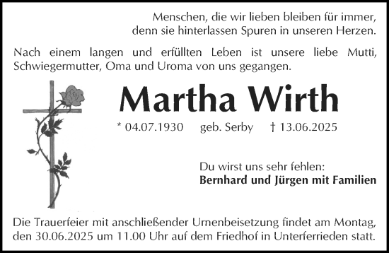 Traueranzeige von Martha Wirth von Gesamtausgabe Nürnberger Nachrichten/ Nürnberger Ztg.