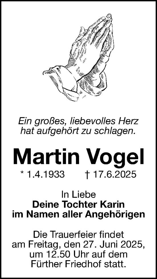 Traueranzeige von Martin Vogel von Gesamtausgabe Nürnberger Nachrichten/ Nürnberger Ztg.