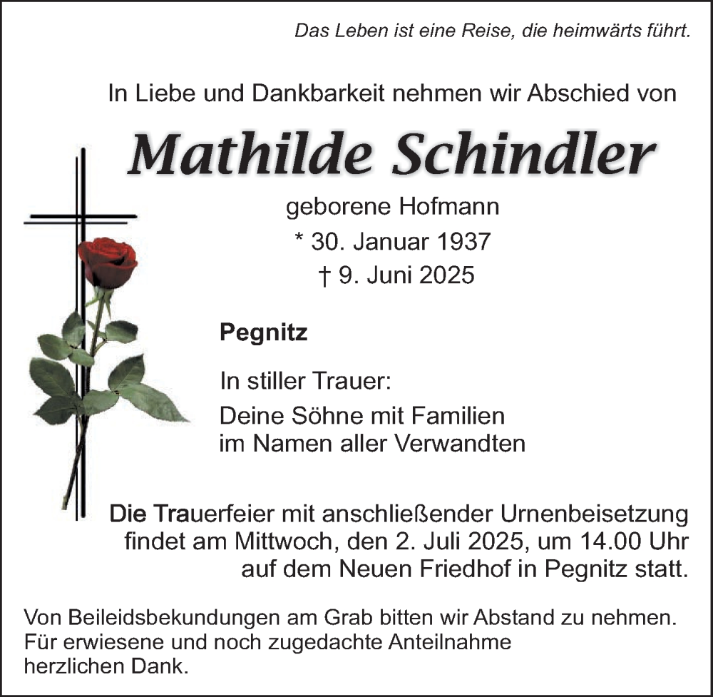  Traueranzeige für Mathilde Schindler vom 28.06.2025 aus Nordbayerische Nachrichten Pegnitz Lokal