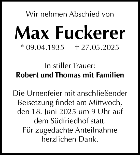 Traueranzeige von Max Fuckerer von Gesamtausgabe Nürnberger Nachrichten/ Nürnberger Ztg.