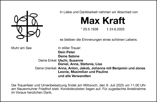 Traueranzeige von Max Kraft von Altmühl-Bote Lokal