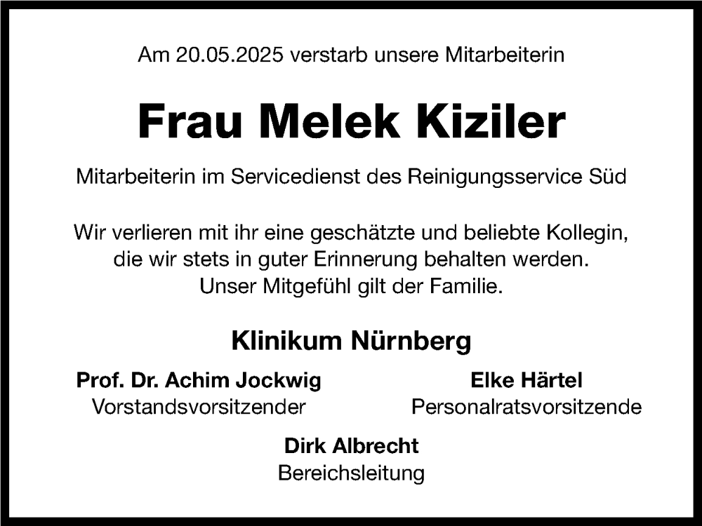  Traueranzeige für Melek Kiziler vom 04.06.2025 aus Gesamtausgabe Nürnberger Nachrichten/ Nürnberger Ztg.