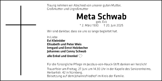Traueranzeige von Meta Schwab von Gesamtausgabe Nürnberger Nachrichten/ Nürnberger Ztg.