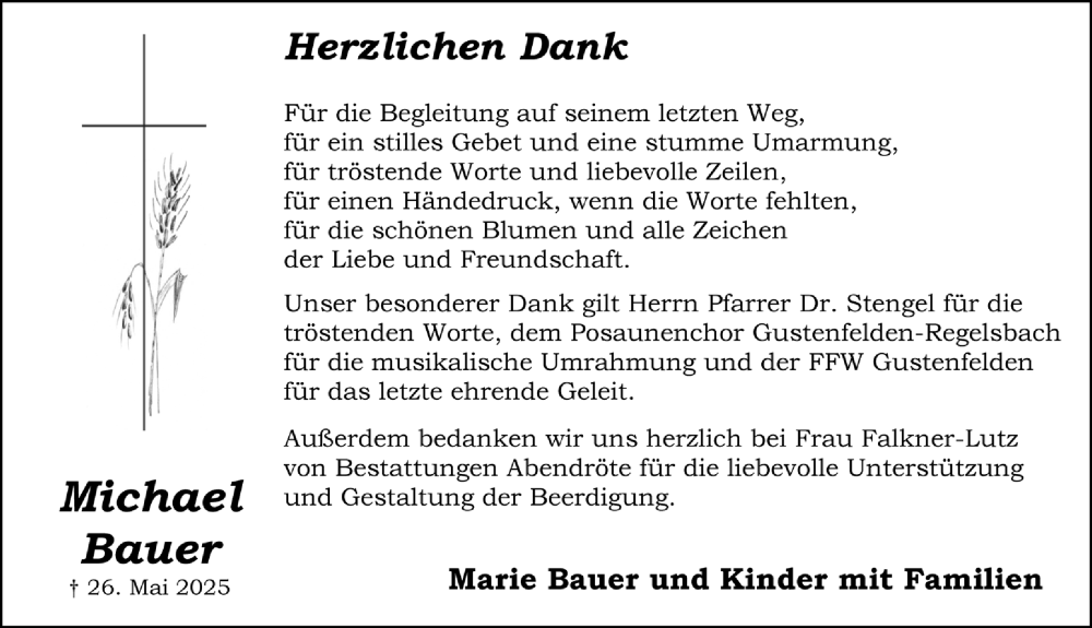  Traueranzeige für Michael Bauer vom 14.06.2025 aus Schwabacher Tagblatt Lokal