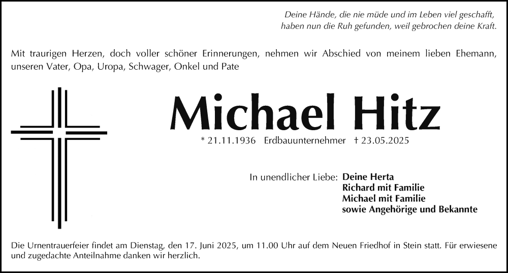  Traueranzeige für Michael Hitz vom 14.06.2025 aus Gesamtausgabe Nürnberger Nachrichten/ Nürnberger Ztg./ Fürther Nachrichten